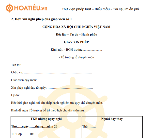 Mẫu đơn xin nghỉ phép dành cho giáo viên