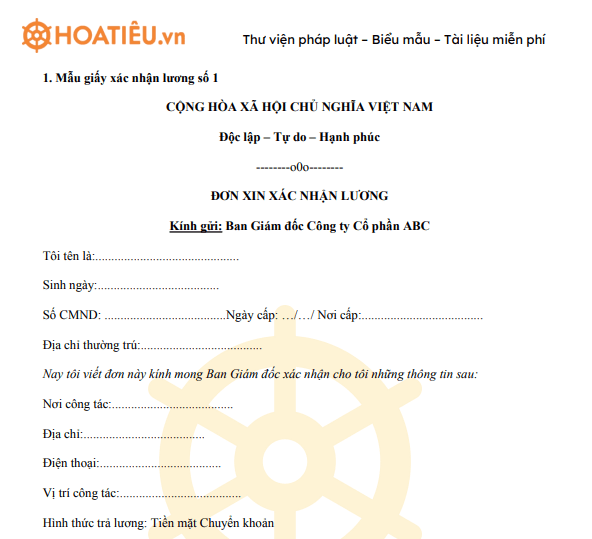 Mẫu giấy xác nhận lương 