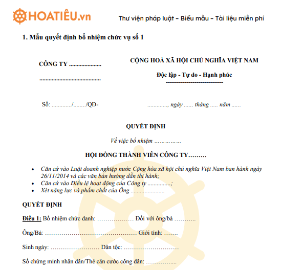 Mẫu quyết định bổ nhiệm chức vụ