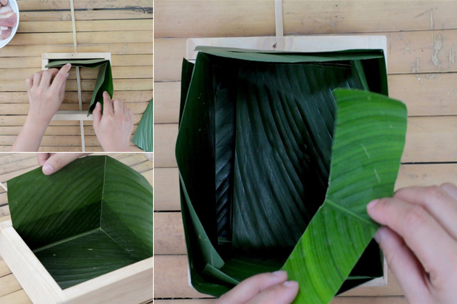 Cách xếp lá gói bánh chưng vuông