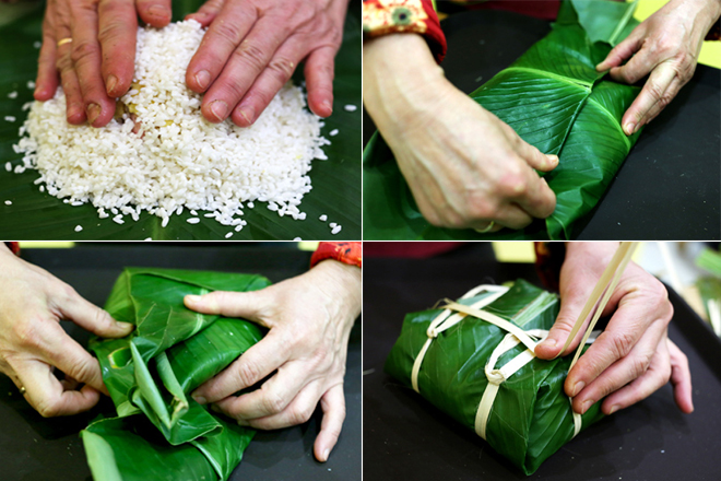 Cách xếp lá dong gói bánh chưng