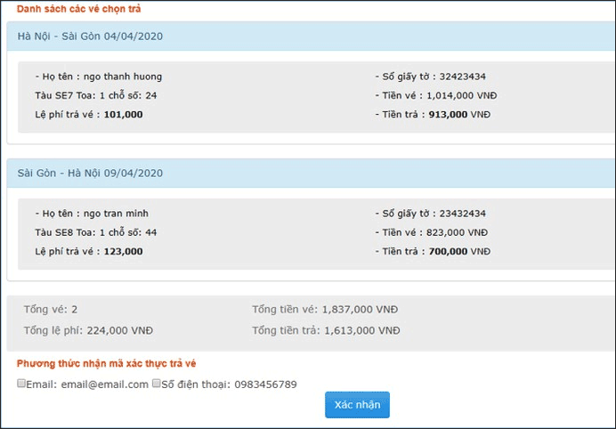 Hướng dẫn đổi trả vé tàu trực tuyến