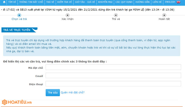Hướng dẫn đổi trả vé tàu trực tuyến