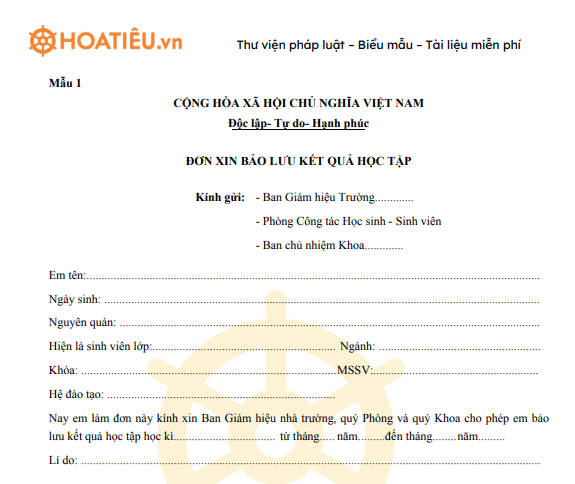 Đơn xin bảo lưu kết quả học tập