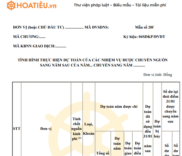 Bảng đối chiếu tình hình thực hiện dự toán 
