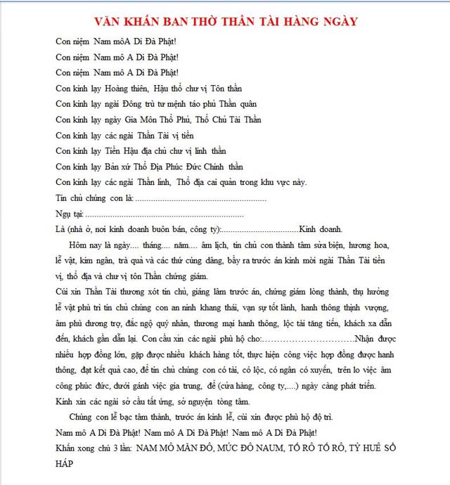 Văn khấn bao sái ban thờ thần Tài