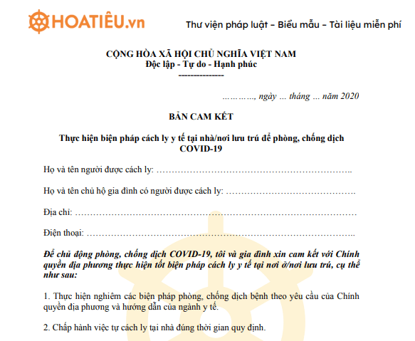 Bản cam kết cách ly y tế tại nhà phòng chống dịch Covid-19