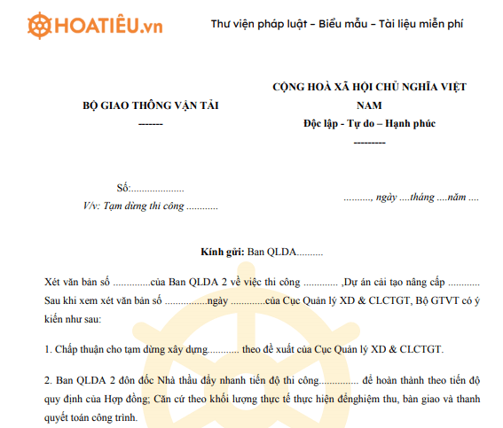 Mẫu công văn dừng thi công