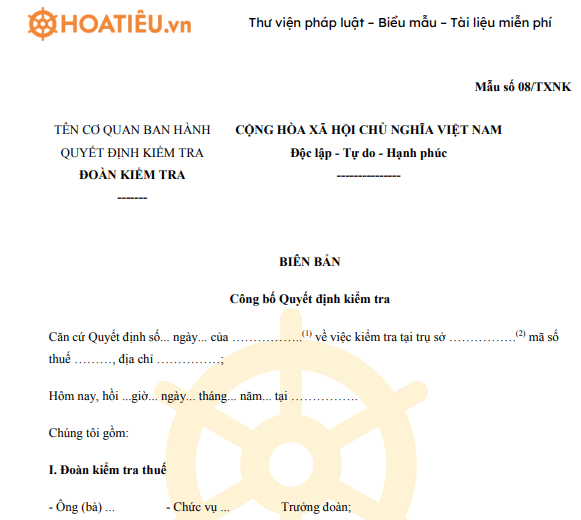Mẫu 08/TXNK: Biên bản công bố Quyết định kiểm tra