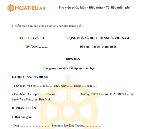 Mẫu biên bản bàn giao cơ sở vật chất nhà trường