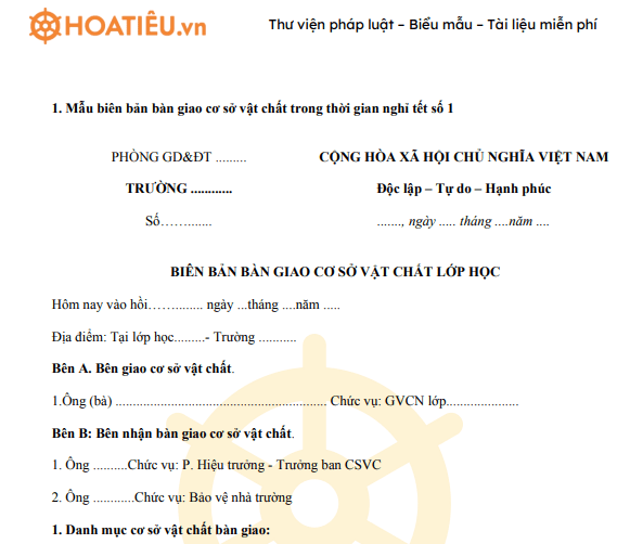 Mẫu biên bản bàn giao cơ sở vật chất trong thời gian nghỉ Tết