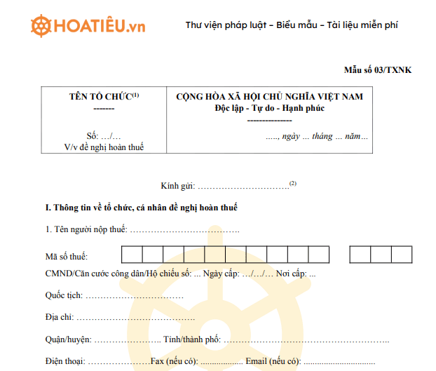 Mẫu 03/TXNK: Công văn đề nghị hoàn thuế xuất, nhập khẩu