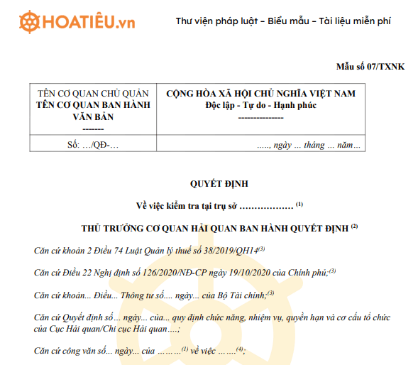 Mẫu 07/TXNK: Quyết định kiểm tra tại trụ sở người nộp thuế