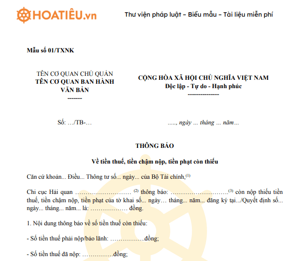 Mẫu 01/TXNK: Thông báo tiền thuế, tiền chậm nộp, tiền phạt còn thiếu