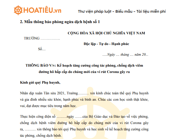 Mẫu thông báo phòng chống dịch bệnh
