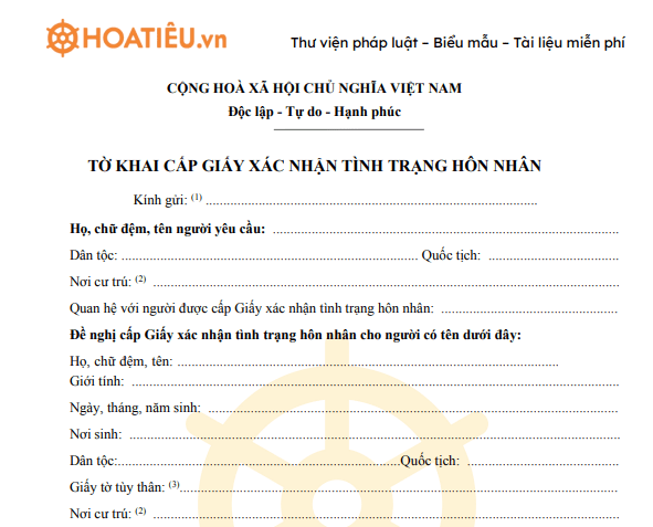 Mẫu tờ khai xác nhận tình trạng hôn nhân