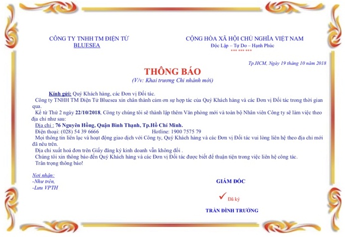 Mẫu thông báo khai trương