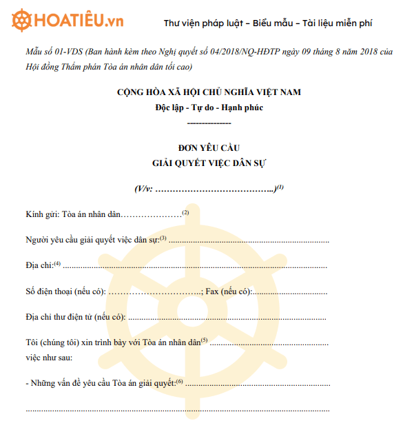 Đơn yêu cầu giải quyết vụ việc dân sự