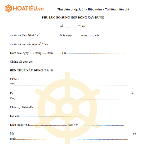 Phụ lục hợp đồng bổ sung khối lượng xây dựng