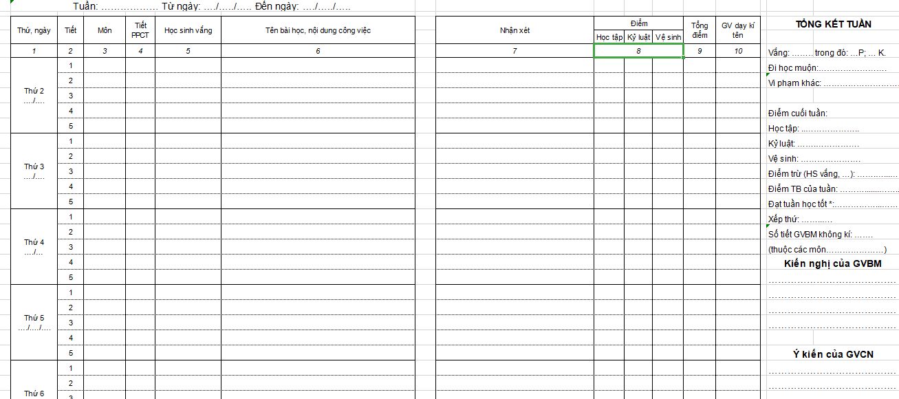 Mẫu sổ đầu bài