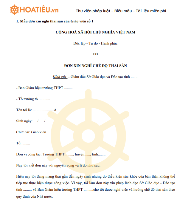 Mẫu đơn xin nghỉ thai sản của Giáo viên