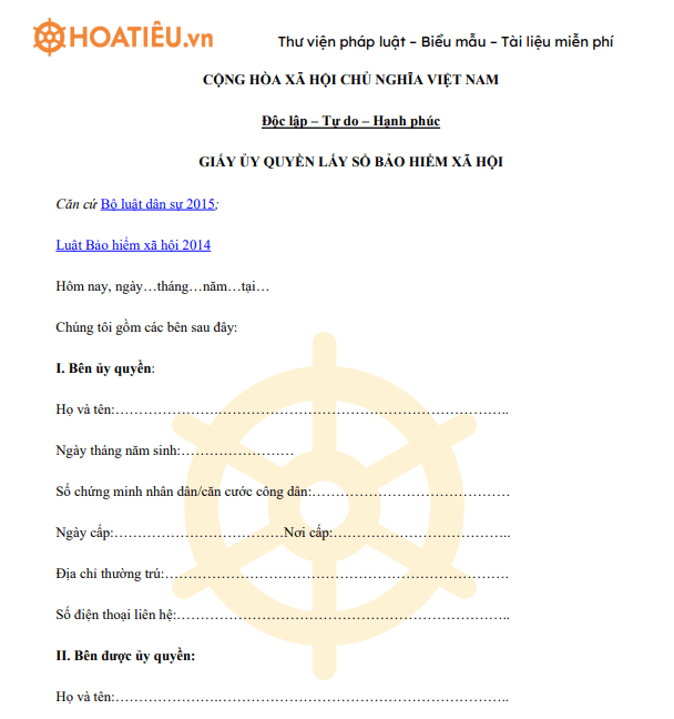 Mẫu giấy uỷ quyền lấy sổ bảo hiểm xã hội