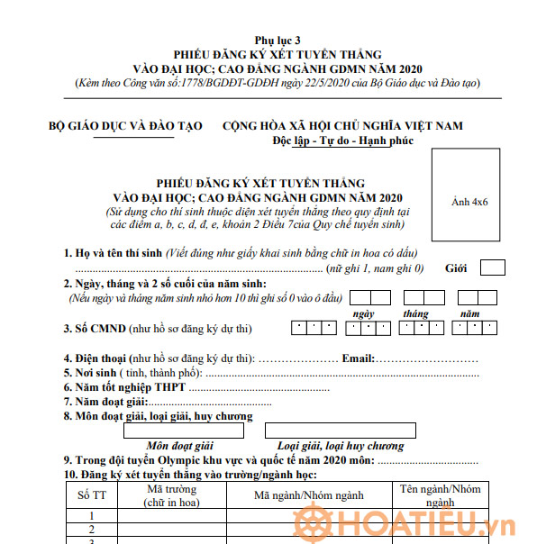 Phiếu đăng ký xét tuyển thẳng vào đại học, cao đẳng năm 2021