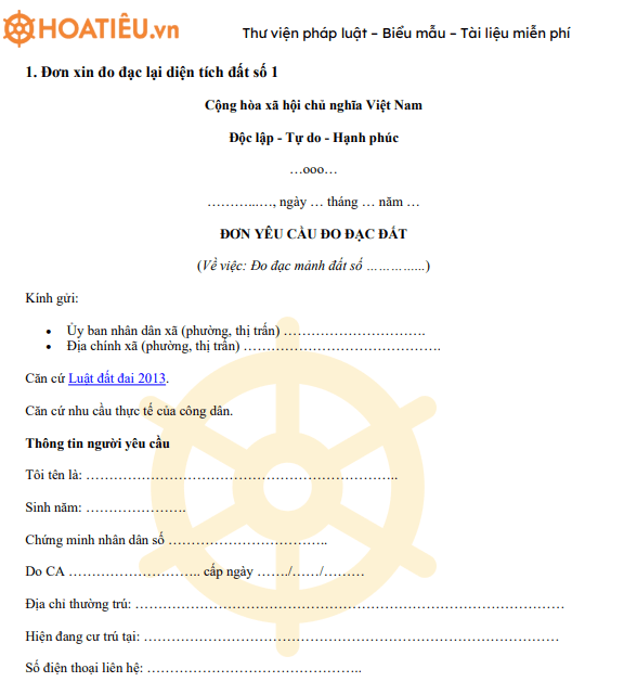 Đơn xin đo đạc lại diện tích đất 