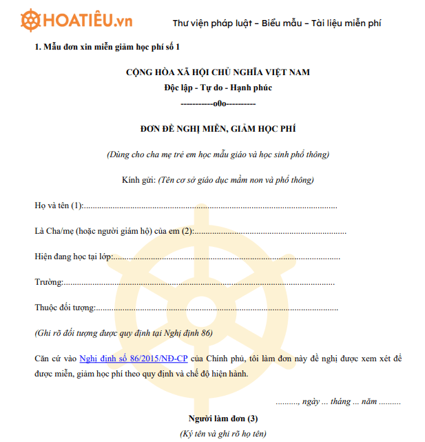 Mẫu đơn đề nghị miễn, giảm học phí