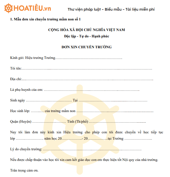 Mẫu đơn xin chuyển trường mầm non
