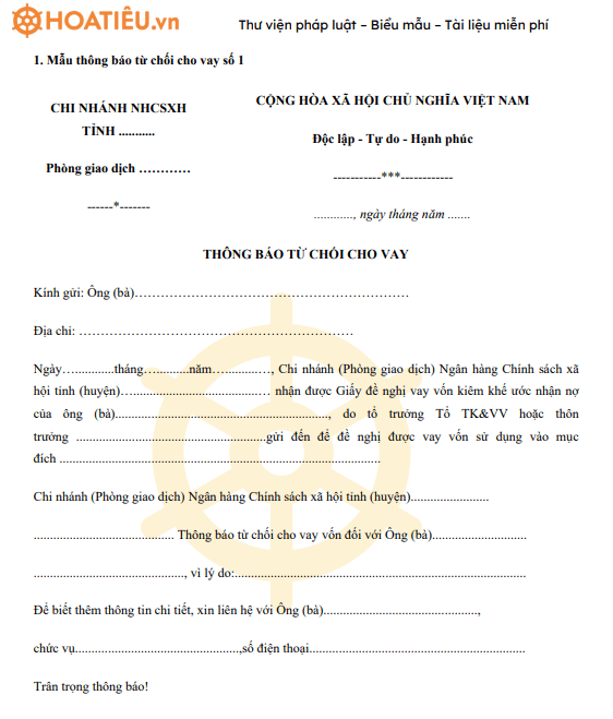 Mẫu thông báo từ chối cho vay