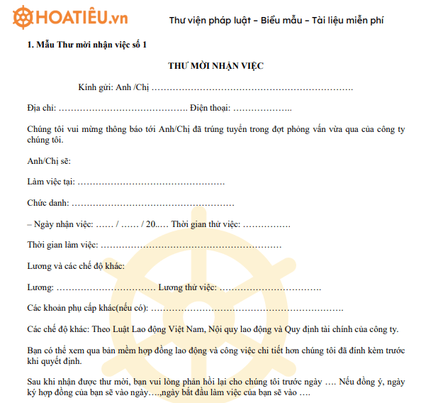 Mẫu Thư mời nhận việc