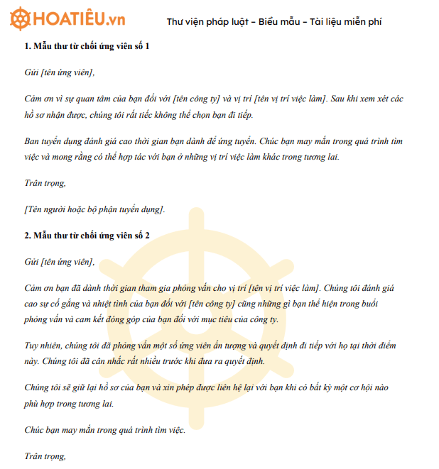 Mẫu thư từ chối ứng viên