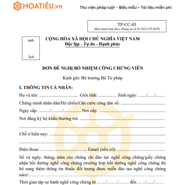 Mẫu đơn đề nghị bổ nhiệm công chứng viên