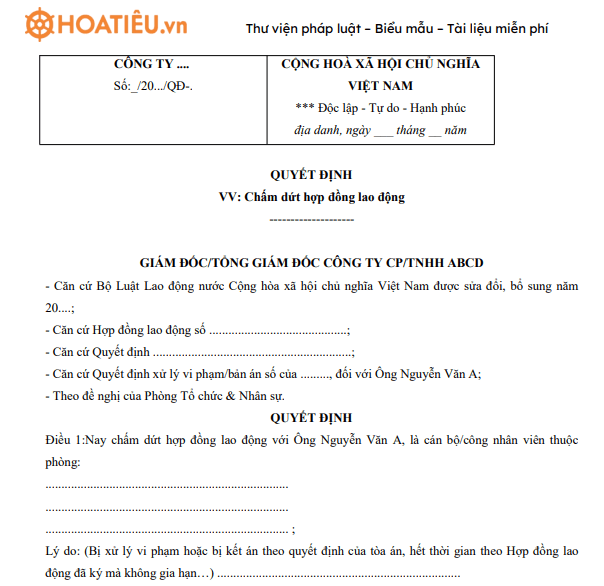 Mẫu Quyết định chấm dứt hợp đồng lao động