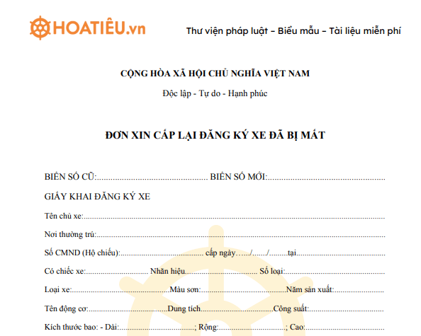 Đơn xin cấp lại đăng ký xe đã bị mất