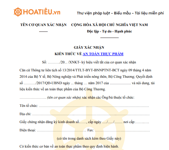 Mẫu giấy xác nhận về kiến thức an toàn thực phẩm