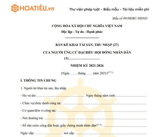 Bản kê khai tài sản, thu nhập của người ứng cử đại biểu hội đồng nhân dân - Mẫu 09/HĐBC-HĐND