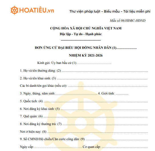 Mẫu đơn ứng cử Đại biểu Hội đồng nhân dân nhiệm kỳ 2021 - 2026