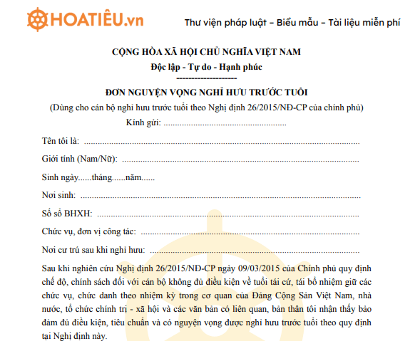 Mẫu đơn xin nghỉ hưu theo Nghị định 26