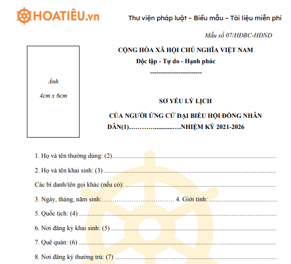 Sơ yếu lý lịch của người ứng cử đại biểu hội đồng nhân dân nhiệm kỳ 2021-2026