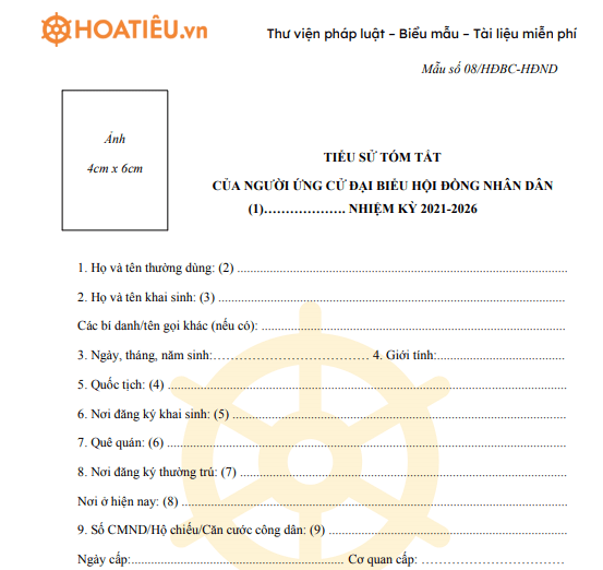 Mẫu 08/HĐBC-HĐND: Tiểu sử tóm tắt của người ứng cử đại biểu hội đồng nhân dân