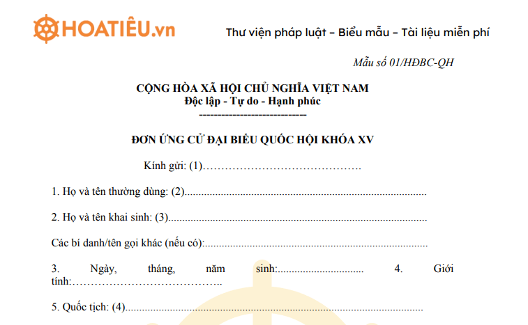 Mẫu 01/HĐBC-QH: Đơn ứng cử đại biểu quốc hội khóa XV