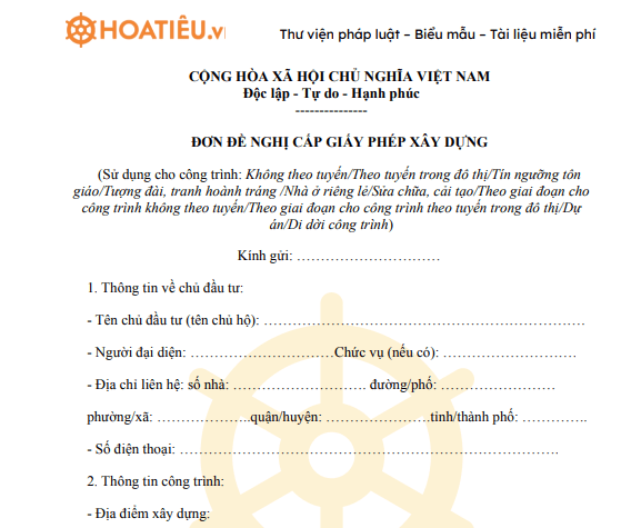 Đơn đề nghị cấp giấy phép xây dựng