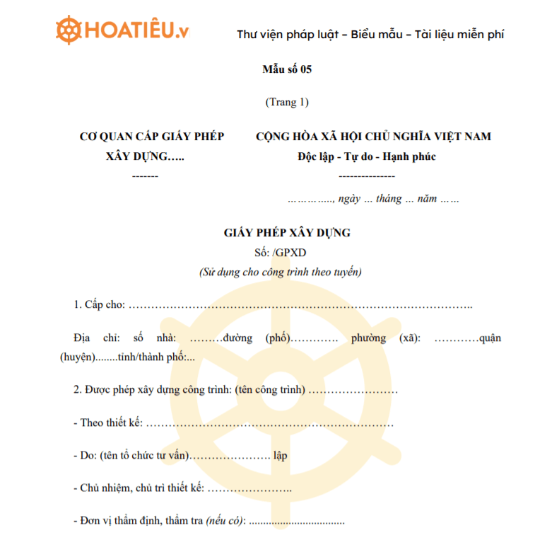 Mẫu giấy phép xây dựng (Sử dụng cho công trình theo tuyến)