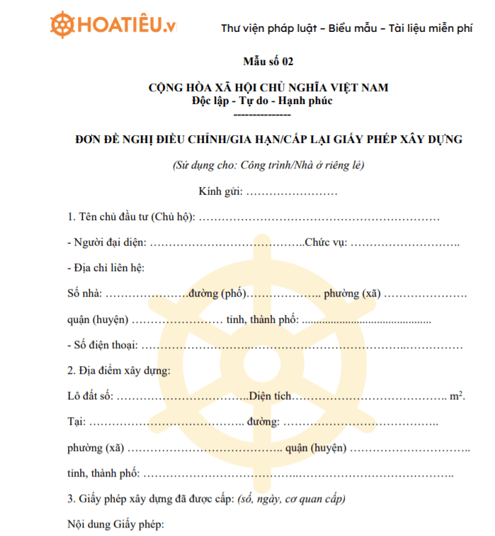 Đơn đề nghị điều chỉnh/gia hạn/cấp lại giấy phép xây dựng