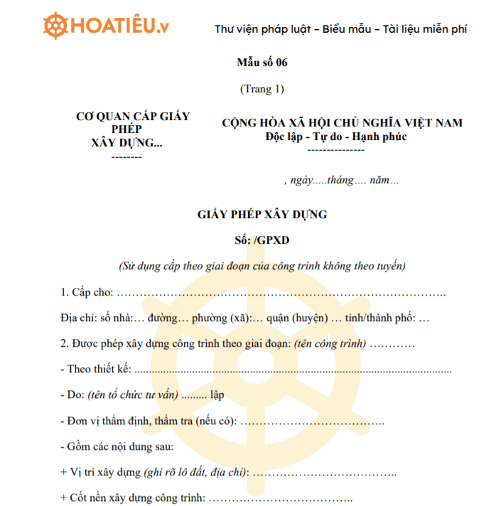 Mẫu giấy phép xây dựng (Sử dụng cấp theo giai đoạn của công trình không theo tuyến)