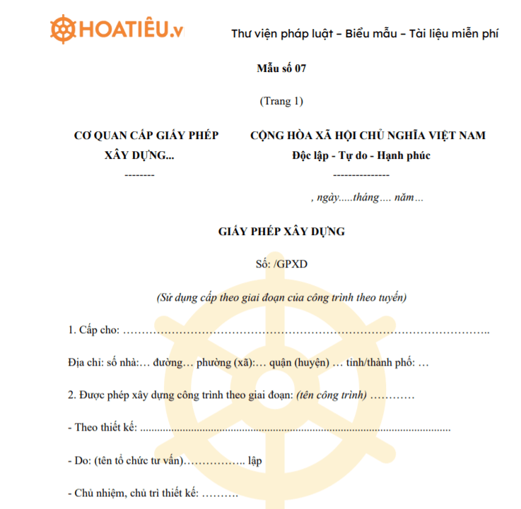 Mẫu giấy phép xây dựng (Sử dụng cấp theo giai đoạn của công trình theo tuyến)