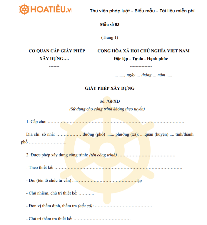 Mẫu giấy phép xây dựng (Sử dụng cho công trình không theo tuyến)