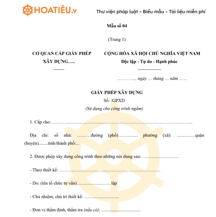 Mẫu giấy phép xây dựng (Sử dụng cho công trình ngầm)